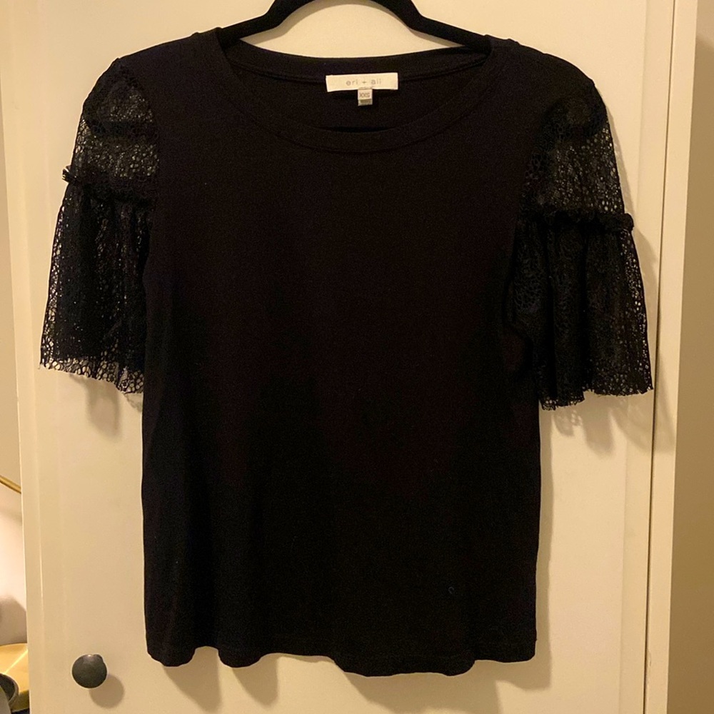 Black Anthropologie tshirt with lace sleeves